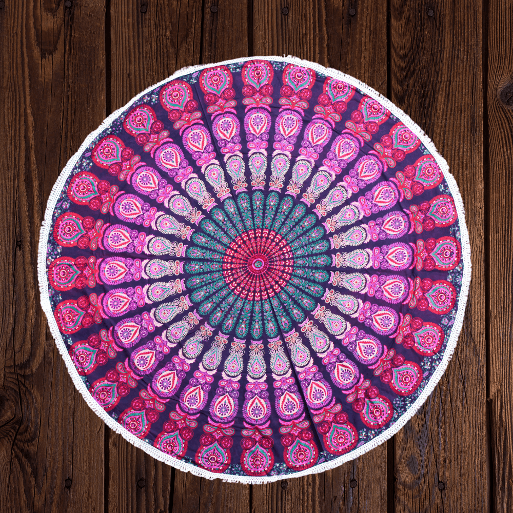 image-Toile ronde "Mandala Lavande" à pompons en coton