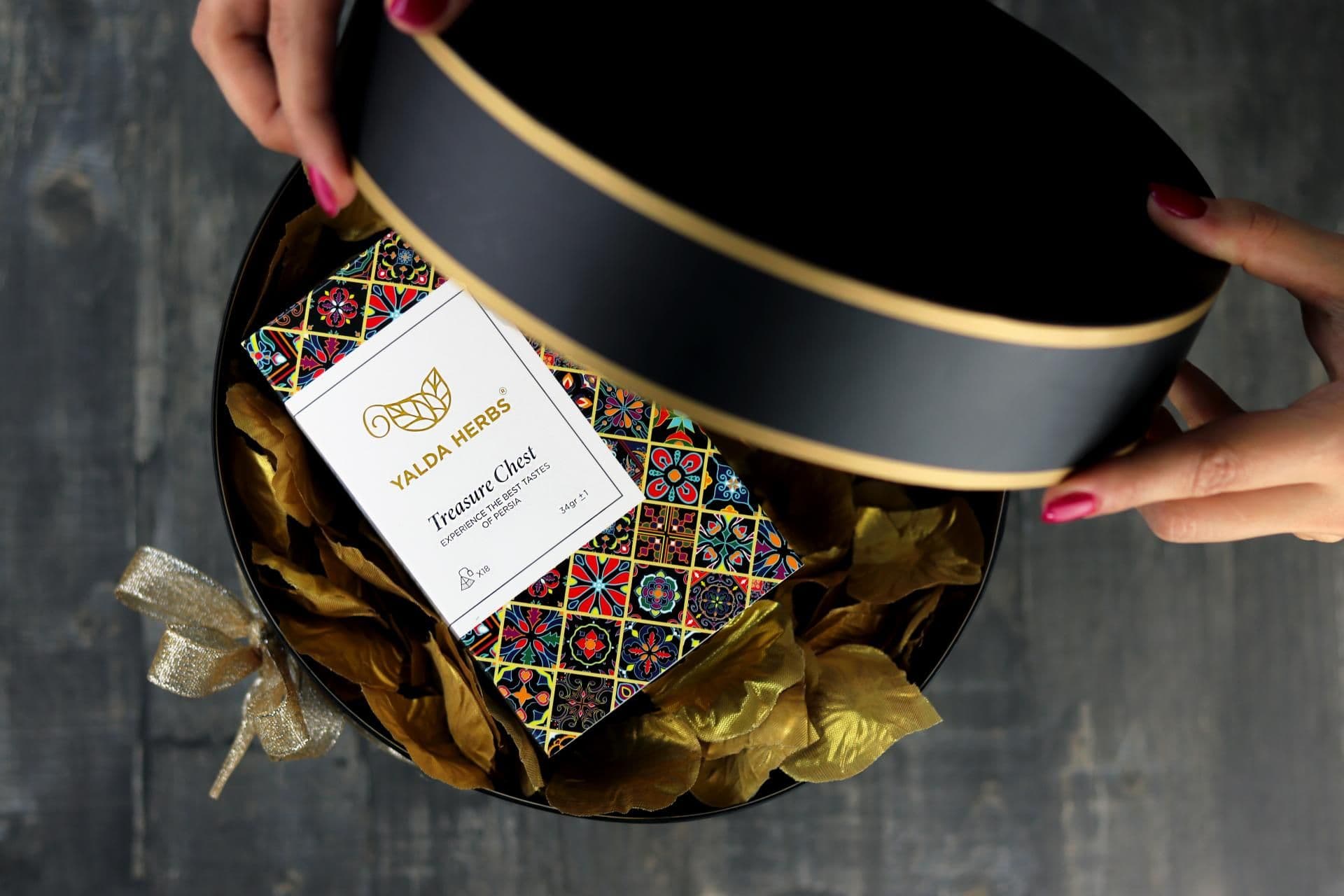image-Yalda Herbs Treasure Chest 18 Pyramid Herbal Tea Mix Box