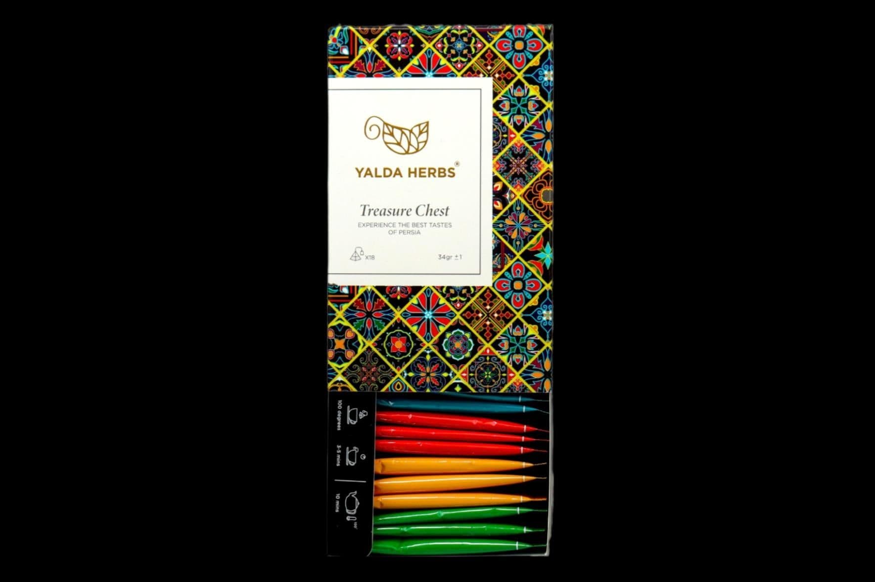 image-Yalda Herbs Treasure Chest 18 Pyramid Herbal Tea Mix Box