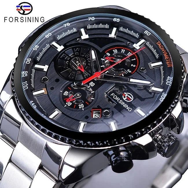 image-Forsining Three Dial Calendar Stainless Steel Men Mechanical Automatic Wrist Watches Top Brand Luxury Military Sport Male Clock