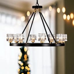 image-Matte Black + Gold Wagon Wheel Chandelier Farmhouse Modern Small Crystal Round Chandelier for Living Room Kitchen Island Foyer H