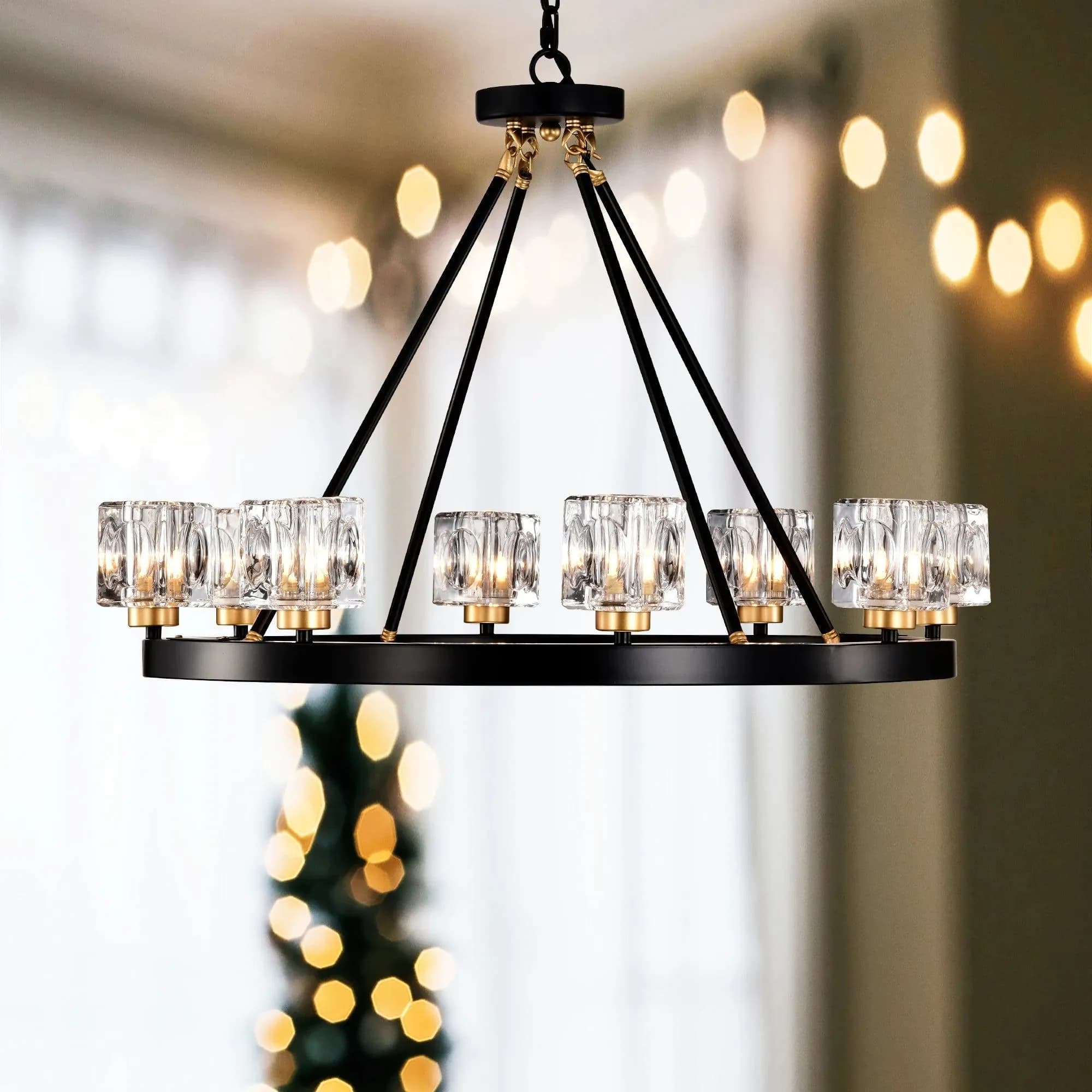 image-Matte Black + Gold Wagon Wheel Chandelier Farmhouse Modern Small Crystal Round Chandelier for Living Room Kitchen Island Foyer H
