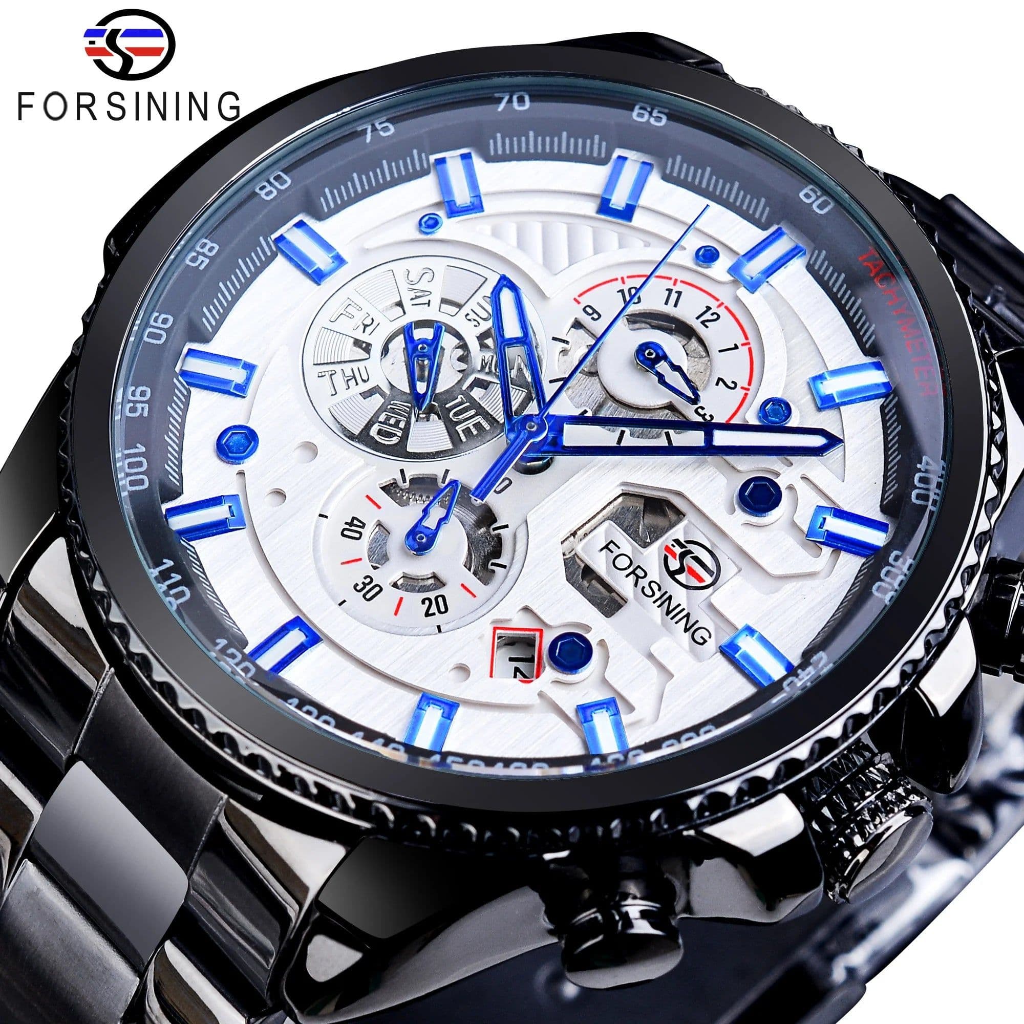 image-Forsining Three Dial Calendar Stainless Steel Men Mechanical Automatic Wrist Watches Top Brand Luxury Military Sport Male Clock