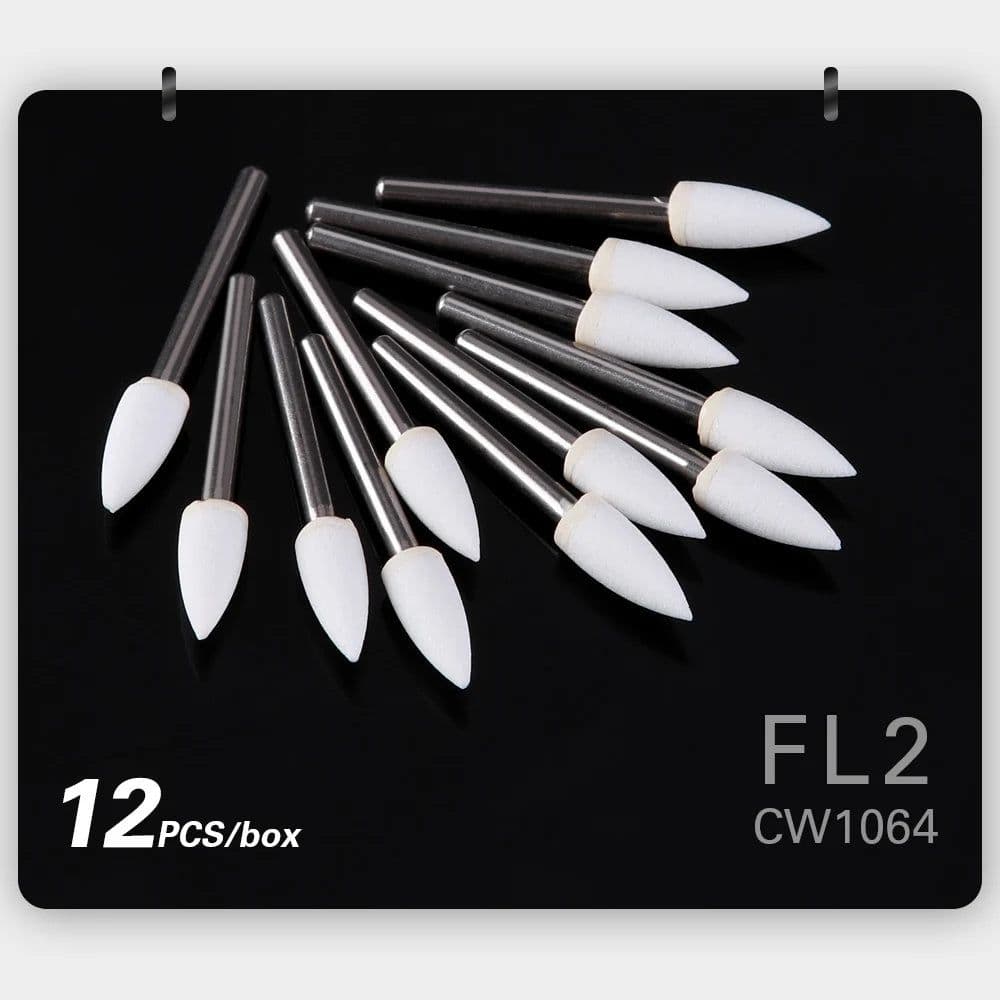 image-(12pcs/box)Dia1.6mm Azdent White Stone Polishing Burs for Finishing Porcelain Enamel & Composite Resin Flame/Cone/Round Shape