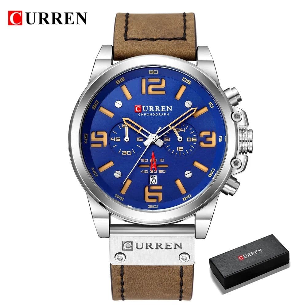 image-CURREN Mens Watches Top Luxury Brand Waterproof Sport Wrist Watch Chronograph Quartz Military Genuine Leather Relogio Masculino