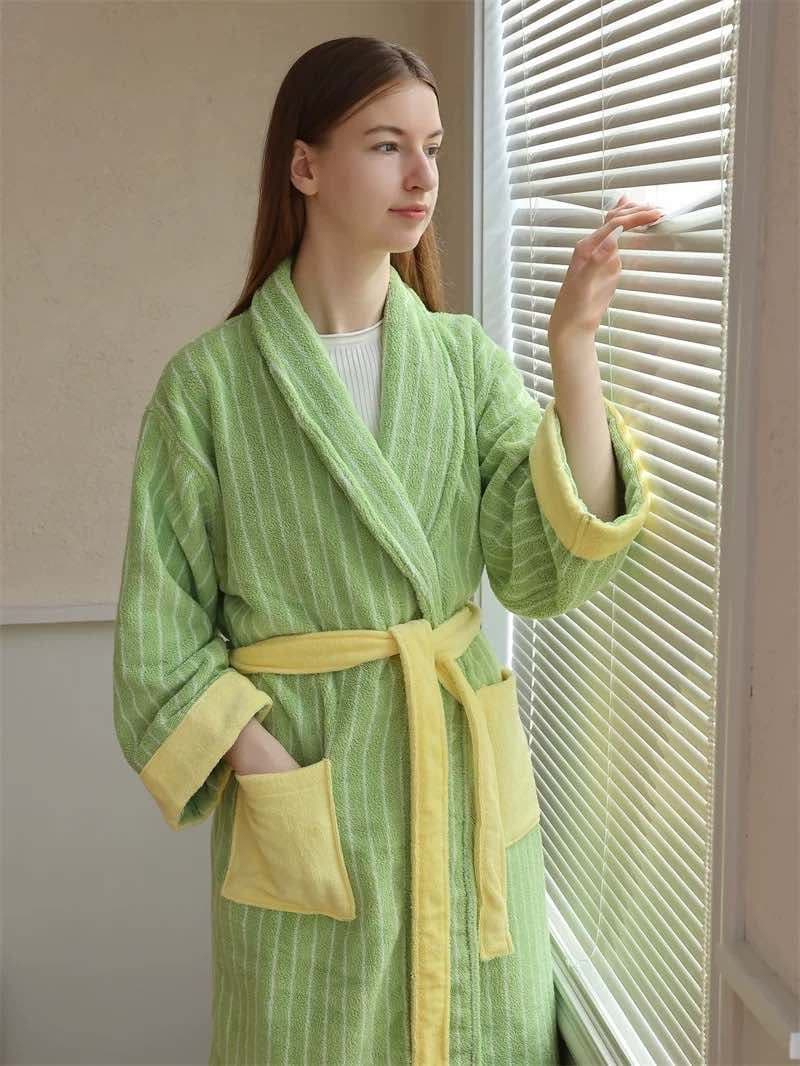 image-Ultra Soft Dopamine Stripe Bathrobe - 100% Organic Long-stapled Cotton