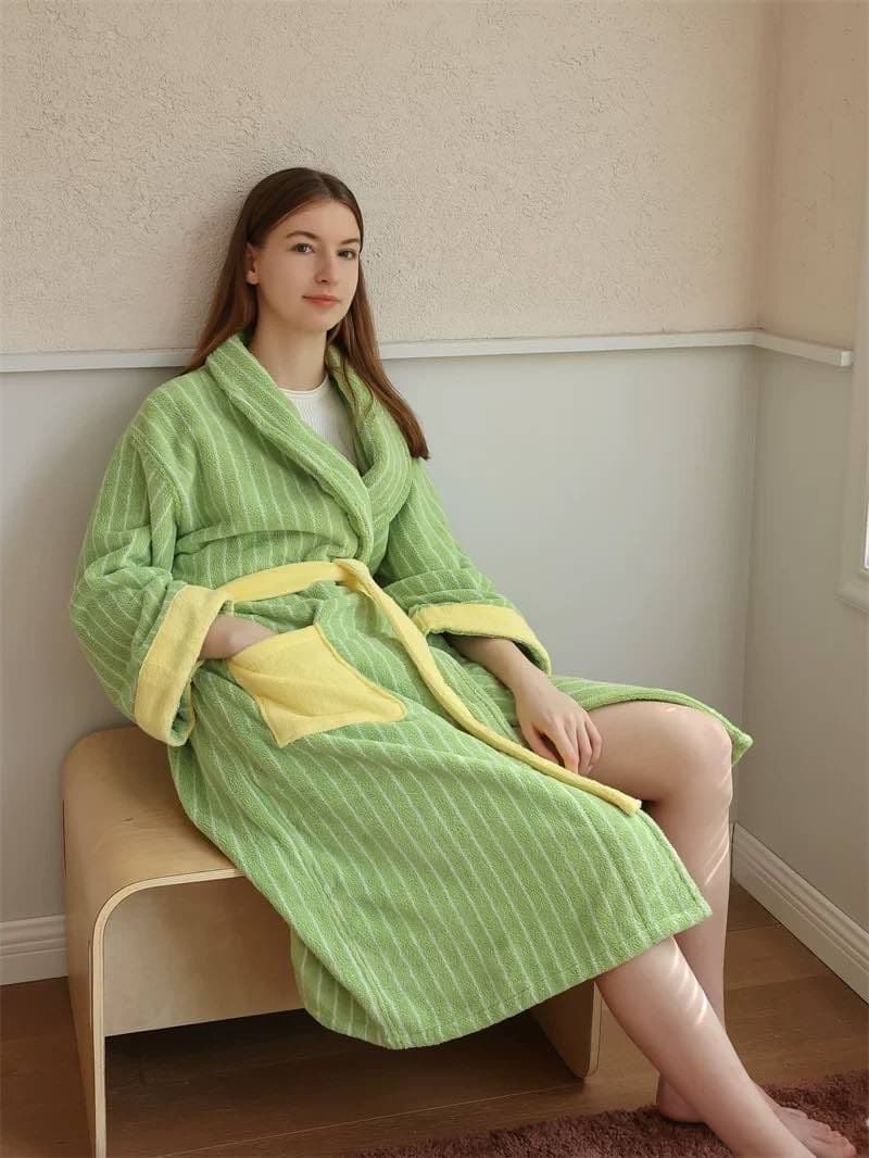 image-Ultra Soft Dopamine Stripe Bathrobe - 100% Organic Long-stapled Cotton