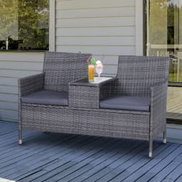 image-2-Seater PE Rattan Outdoor Garden Bench w/ Centre Table