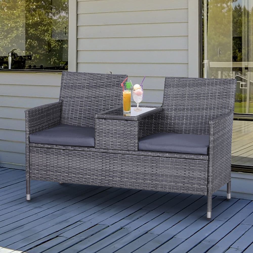 image-2-Seater PE Rattan Outdoor Garden Bench w/ Centre Table