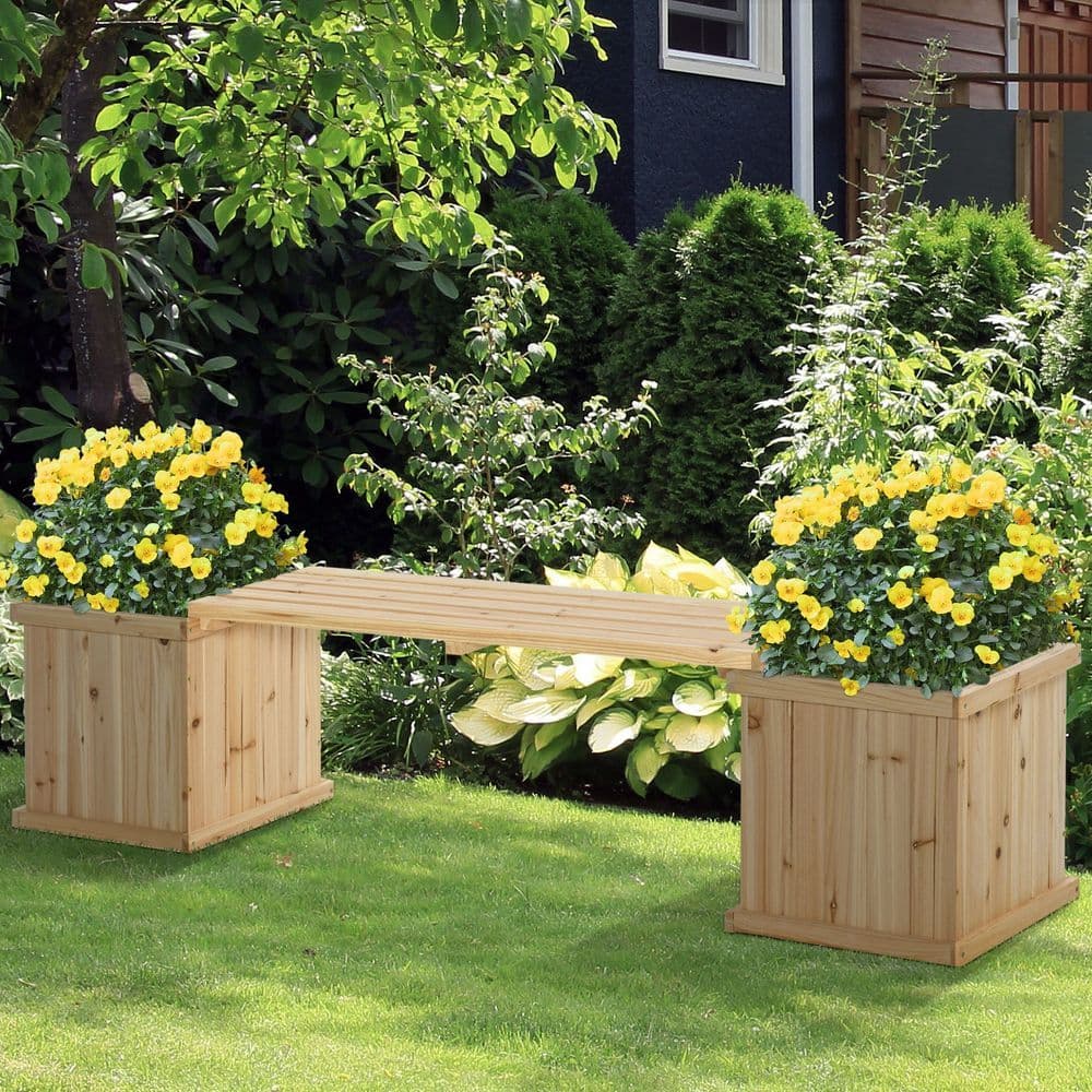 image-Wooden Garden Planter & Bench Combination Garden Raised Bed Patio Park Grey