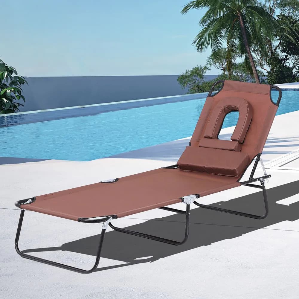image-Sun Lounger Foldable Reclining Chair Pillow & Reading Hole Garden Beach Outdoor