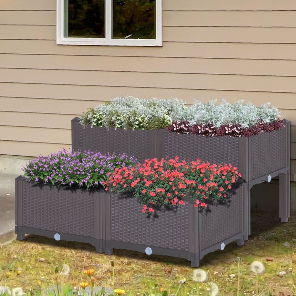image-PP Set Of 4 Raised Outdoor Garden Planter Box Brown & Grey