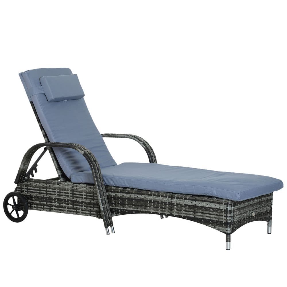 image-Adjustable Rattan Sun Lounger Outdoor Recliner w/ Cushion Garden Pool