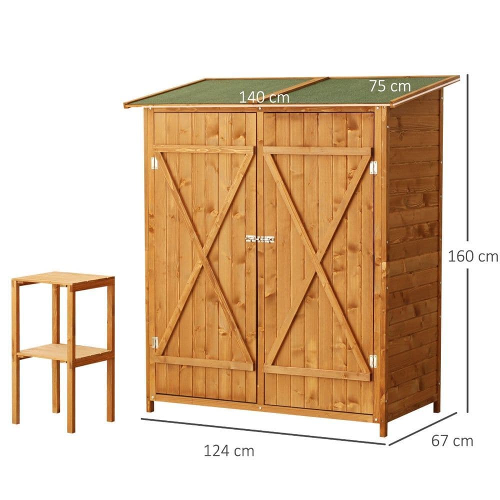 image-Garden Wood Storage Shed Storage Table, Asphalt Roof Storage Tool Organizer
