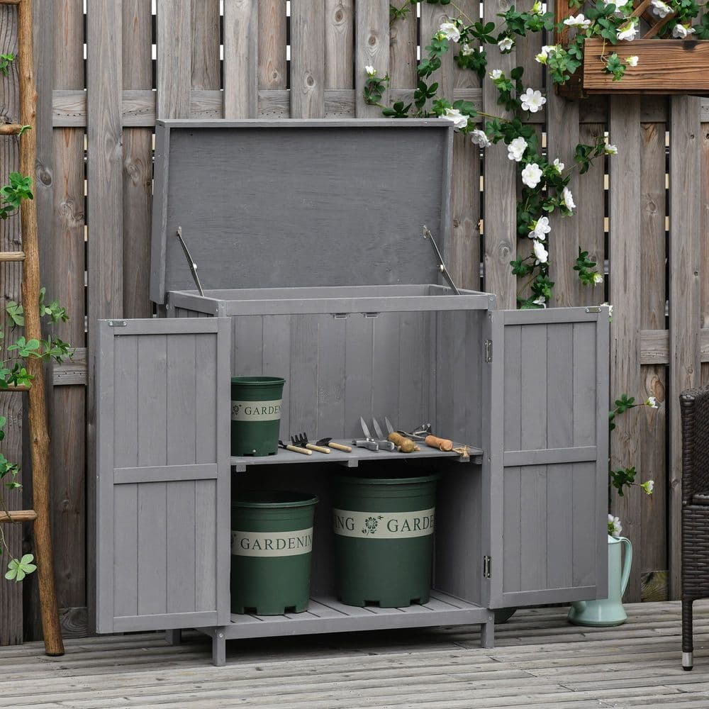 image-74x43x88cm Garden Shed Storage Wooden Chest Double Doors Shelf Hinged Roof