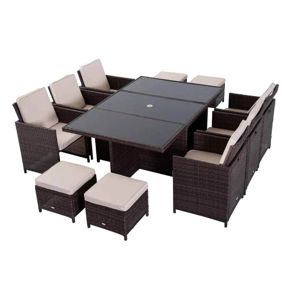 image-11pc Rattan Garden Dining Set 10 Cube Sofa 6 Chairs 4 Footrests & 1 Table