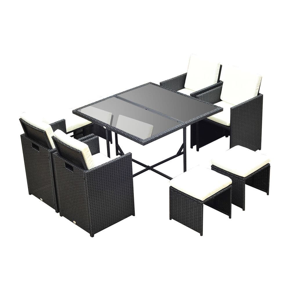 image-9PC Rattan Garden Furniture Outdoor Patio Dining Table Set Wicker 8 Seater Stool