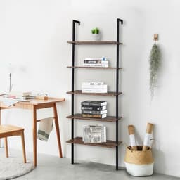 image-Industrial Wall Mounted Bookcase 5-Tier Open Ladder Shelf Bookshelf with Metal Frame, 23.6" L x 11.8" W x 70.9" H