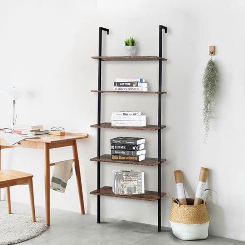 image-Industrial Wall Mounted Bookcase 5-Tier Open Ladder Shelf Bookshelf with Metal Frame, 23.6" L x 11.8" W x 70.9" H