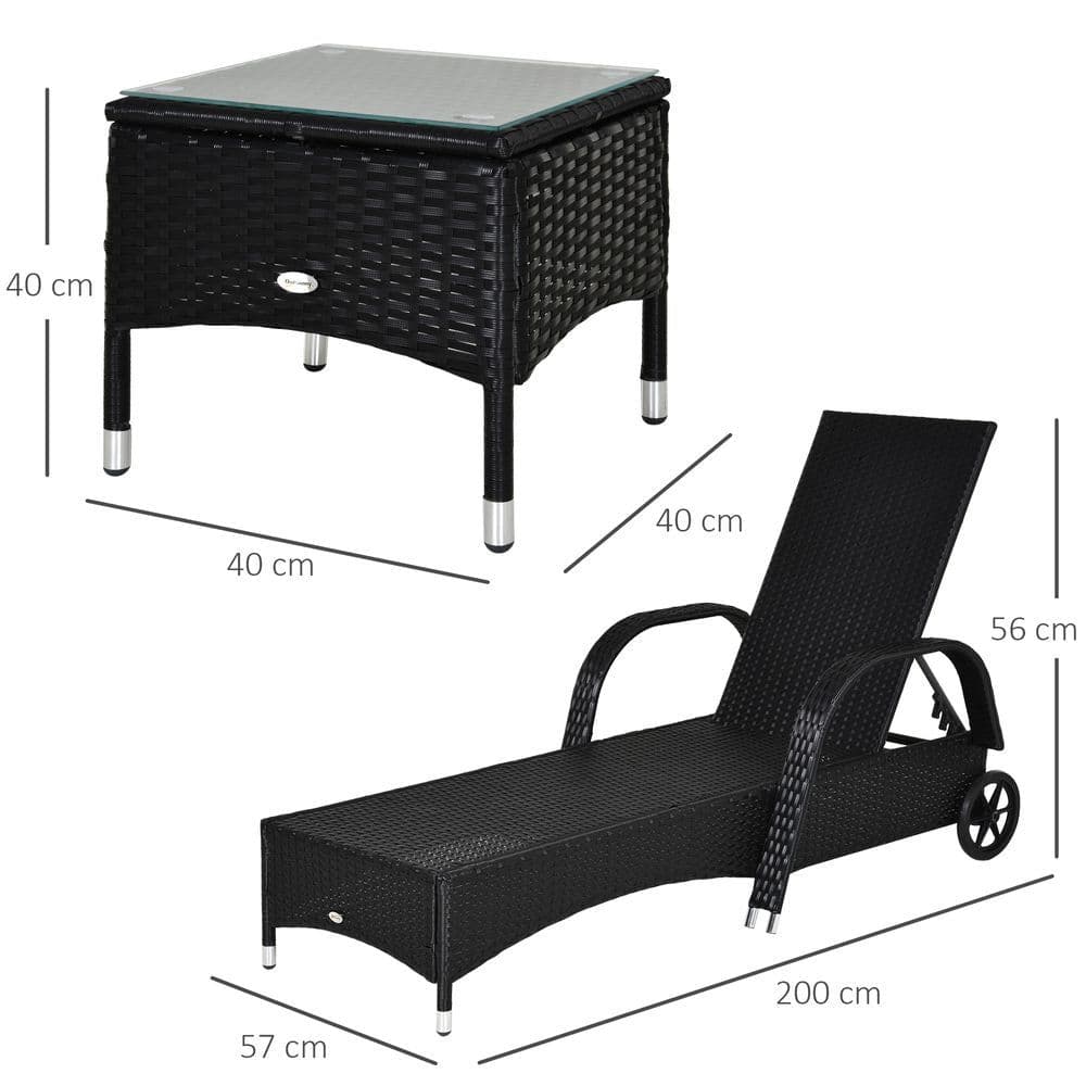 image-Garden Rattan Furniture 3 PC Sun Lounger Recliner Set & Side Table Patio Wicker