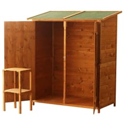 image-Garden Wood Storage Shed Storage Table, Asphalt Roof Storage Tool Organizer