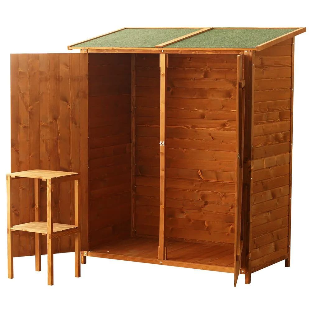 image-Garden Wood Storage Shed Storage Table, Asphalt Roof Storage Tool Organizer