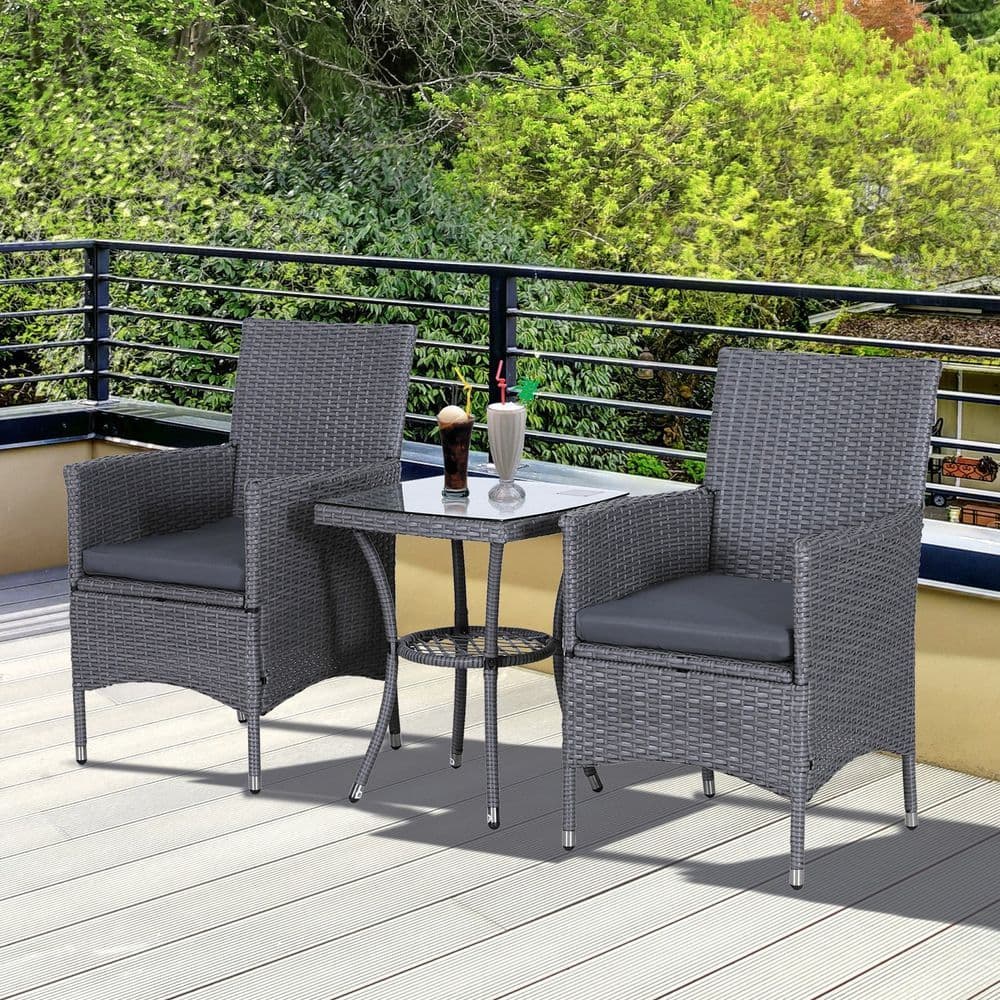 image-3 Pcs Rattan Bistro Set: 1 x Table, 2 x Chairs