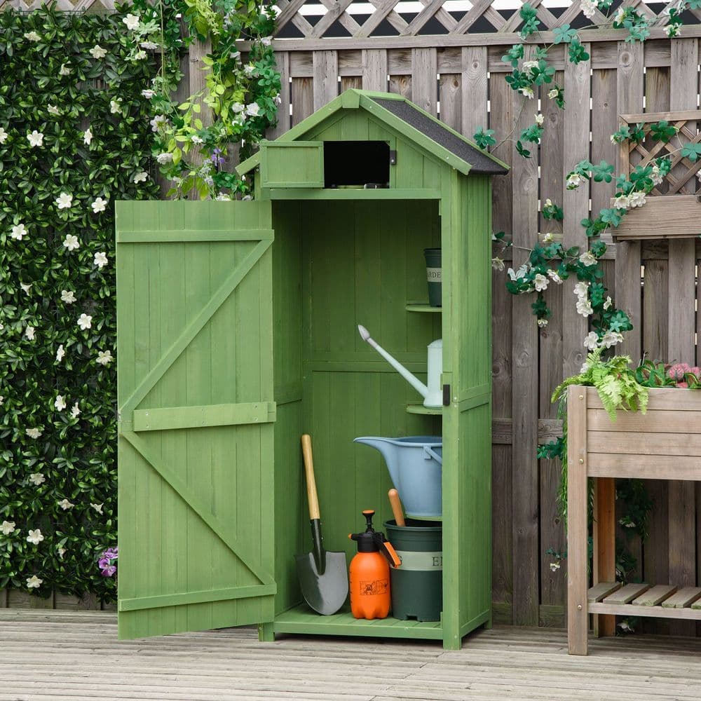 image-Garden Shed Vertical Utility 3 Shelves Wood Tool Storage Unit Cabinet