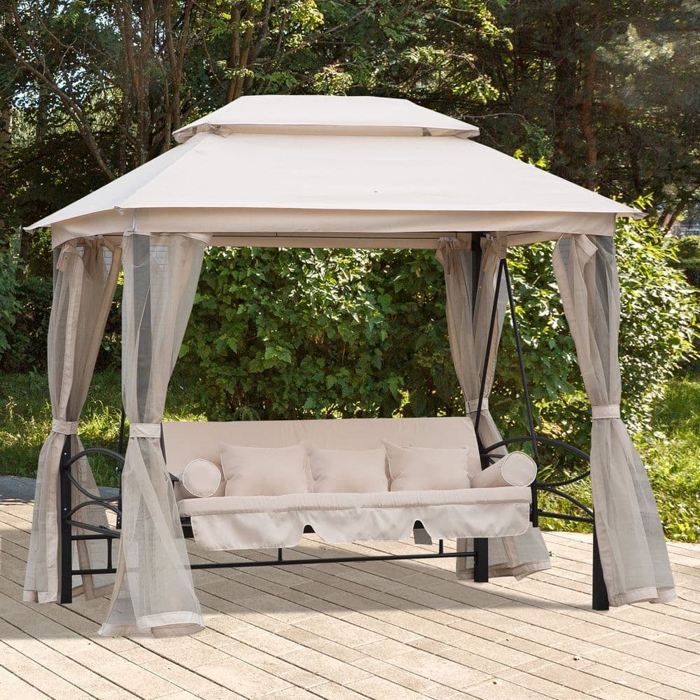 image-Outdoor 2-in-1 Convertible Swing Chair Bed 3 Seater Porch w/Nettings