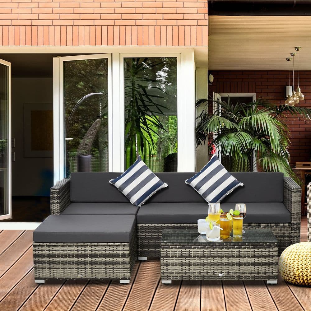 image-5PC Rattan Furniture Set Wicker Sofa Glass Tempered Tea Table & Cushion Pillows