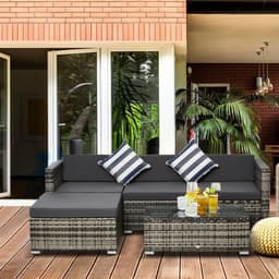 image-5PC Rattan Furniture Set Wicker Sofa Glass Tempered Tea Table & Cushion Pillows