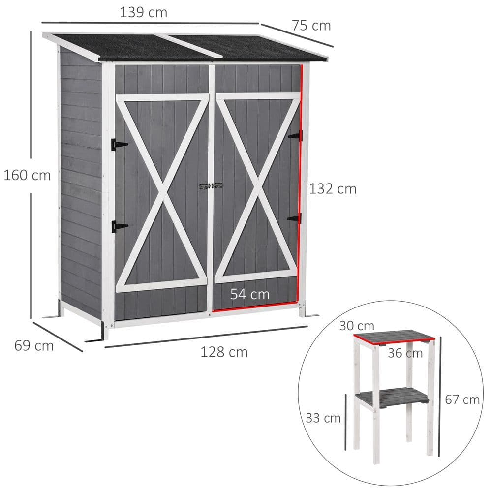 image-Garden Wood Storage Shed Storage Table, Asphalt Roof Storage Tool Organizer