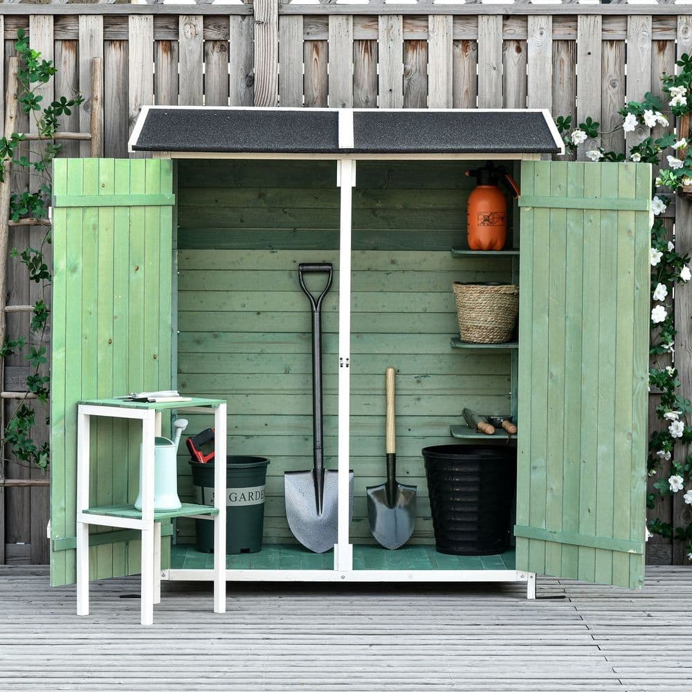 image-Garden Wood Storage Shed Storage Table, Asphalt Roof Storage Tool Organizer
