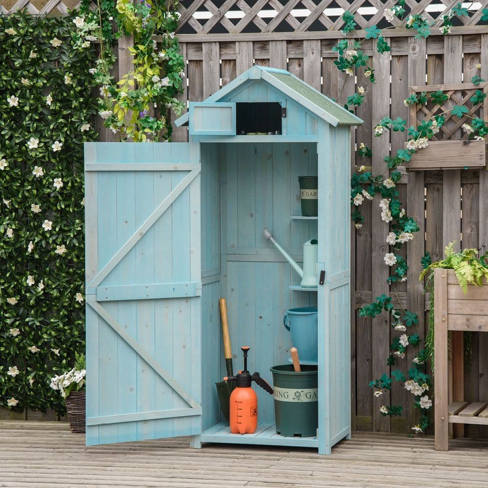 image-Garden Shed Vertical Utility 3 Shelves Wood Tool Storage Unit Cabinet