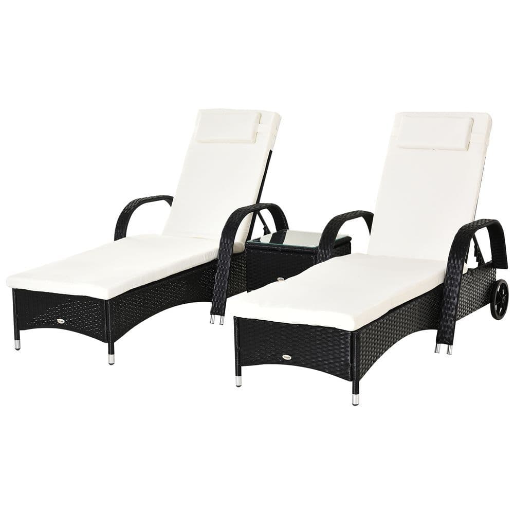 image-Garden Rattan Furniture 3 PC Sun Lounger Recliner Set & Side Table Patio Wicker
