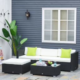 image-5PC Rattan Furniture Set Wicker Sofa Glass Tempered Tea Table & Cushion Pillows