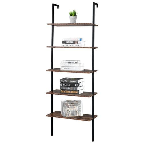 image-Industrial Wall Mounted Bookcase 5-Tier Open Ladder Shelf Bookshelf with Metal Frame, 23.6" L x 11.8" W x 70.9" H