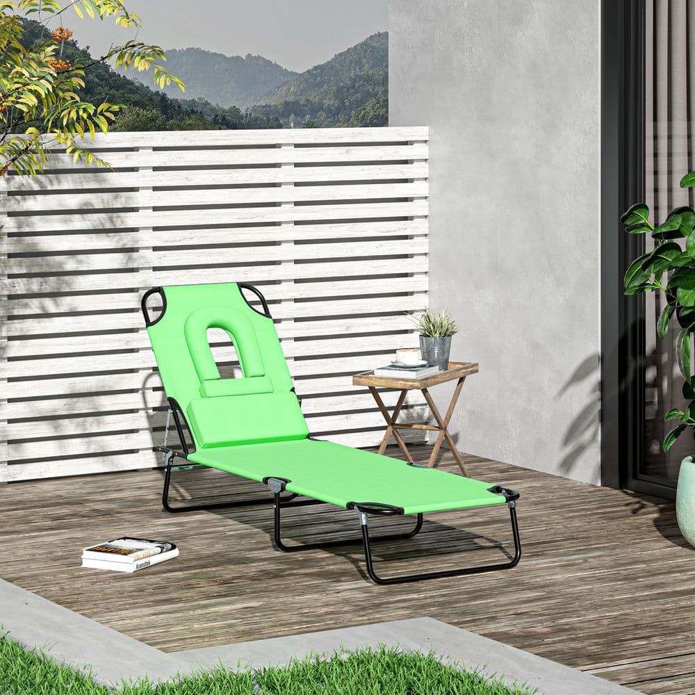 image-Sun Lounger Foldable Reclining Chair Pillow & Reading Hole Garden Beach Outdoor