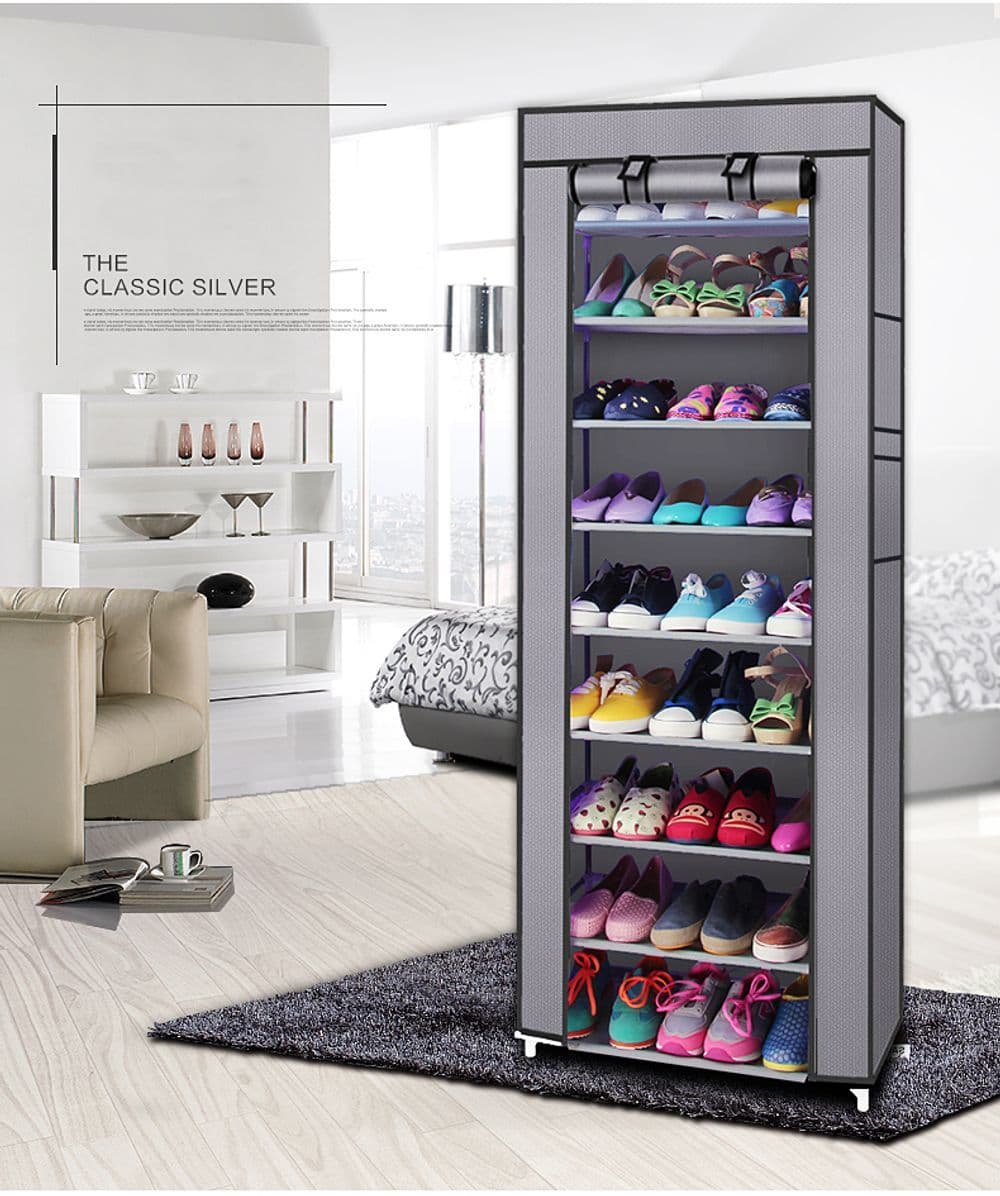 image-Fashionable Room-saving 9 Lattices Non-woven Fabric Shoe Rack Gray
