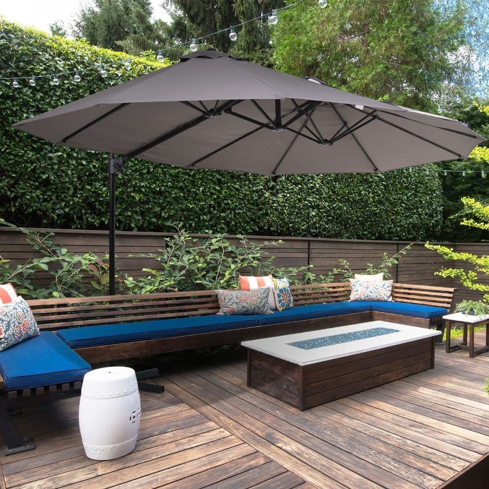 image-Double Canopy Offset Parasol Garden Shade w/ Steel Pole 12 Support Ribs