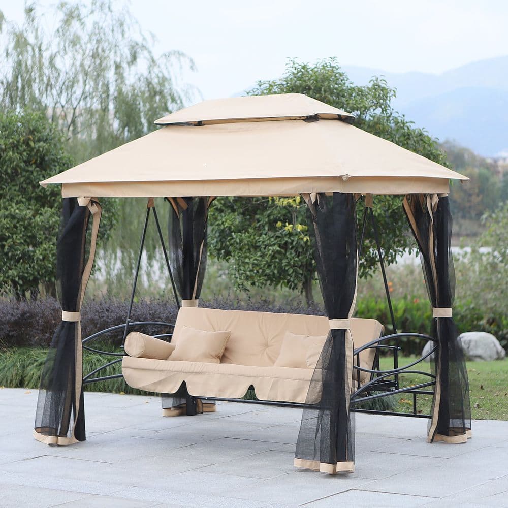 image-Outdoor 2-in-1 Convertible Swing Chair Bed 3 Seater Porch w/Nettings