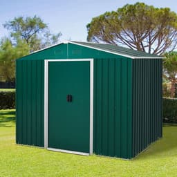 image-Outdoor Garden Roofed Metal Storage Shed Tool Box Ventilation & Sliding Doors