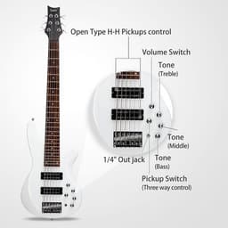 image-Glarry 44 Inch GIB 6 String H-H Pickup Laurel Wood Fingerboard Electric Bass Guitar with Bag and other Accessories White