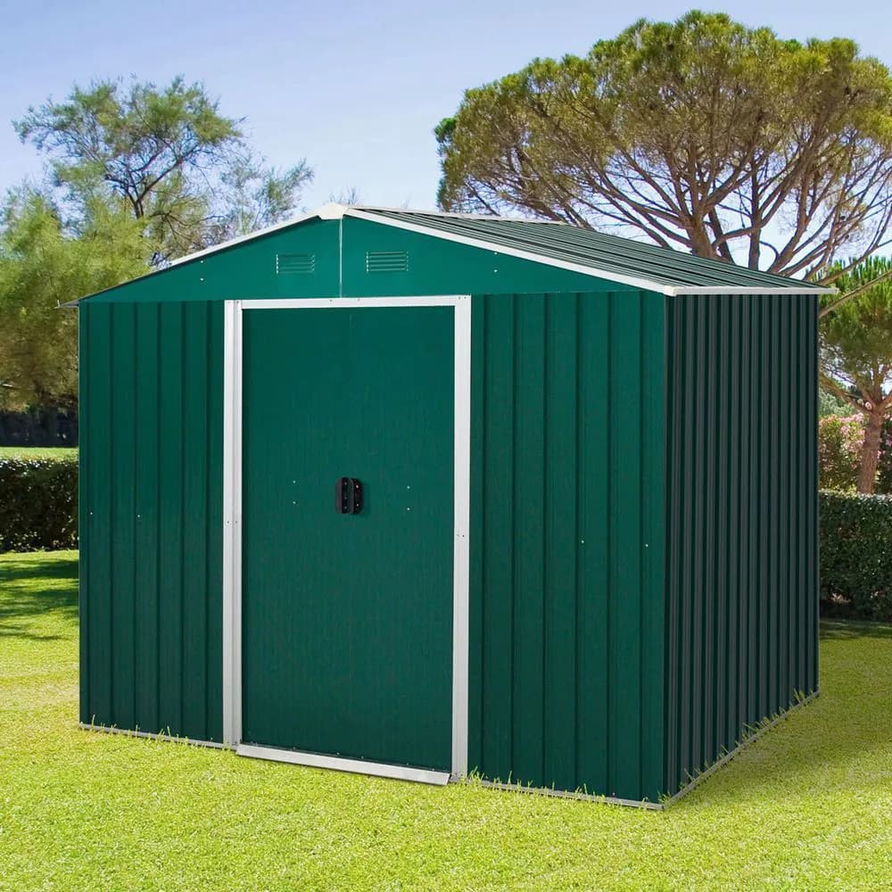 image-Outdoor Garden Roofed Metal Storage Shed Tool Box Ventilation & Sliding Doors
