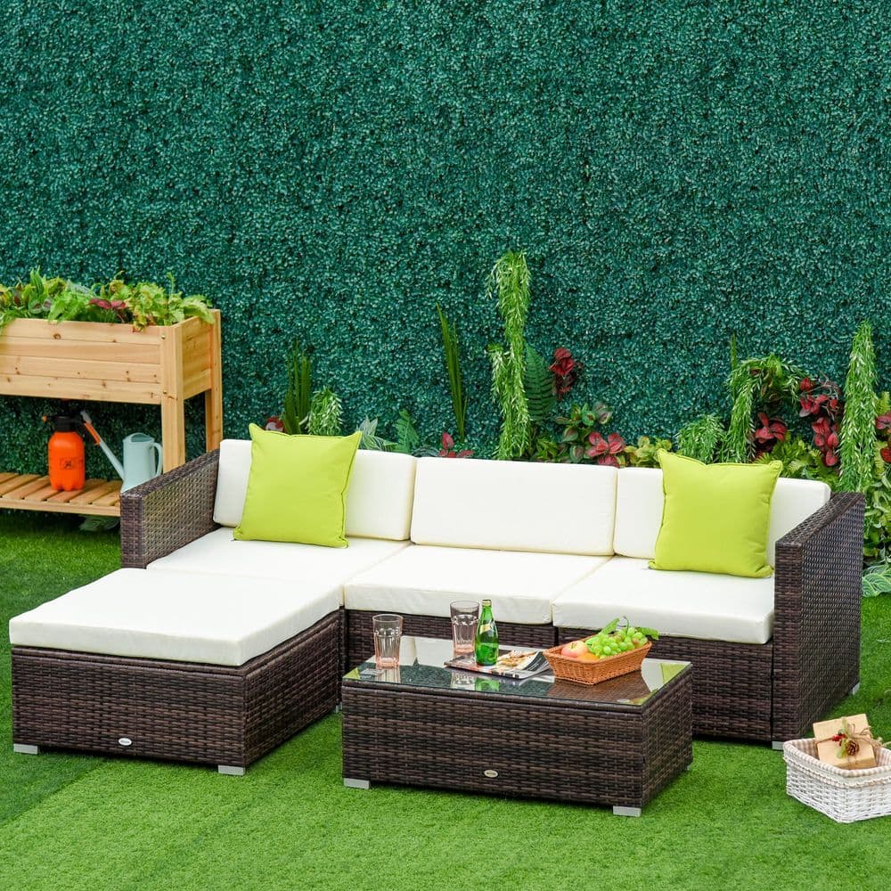 image-5PC Rattan Furniture Set Wicker Sofa Glass Tempered Tea Table & Cushion Pillows