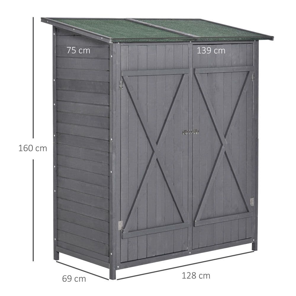 image-Garden Wood Storage Shed Storage Table, Asphalt Roof Storage Tool Organizer