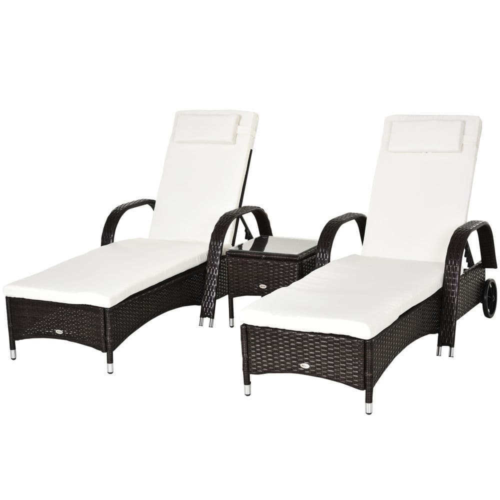 image-Garden Rattan Furniture 3 PC Sun Lounger Recliner Set & Side Table Patio Wicker