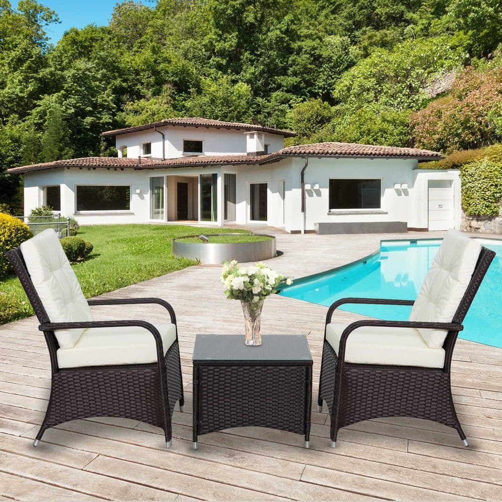 image-Rattan Garden Furniture 3 PCs Sofa Chair Table Bistro Set Wicker Weave