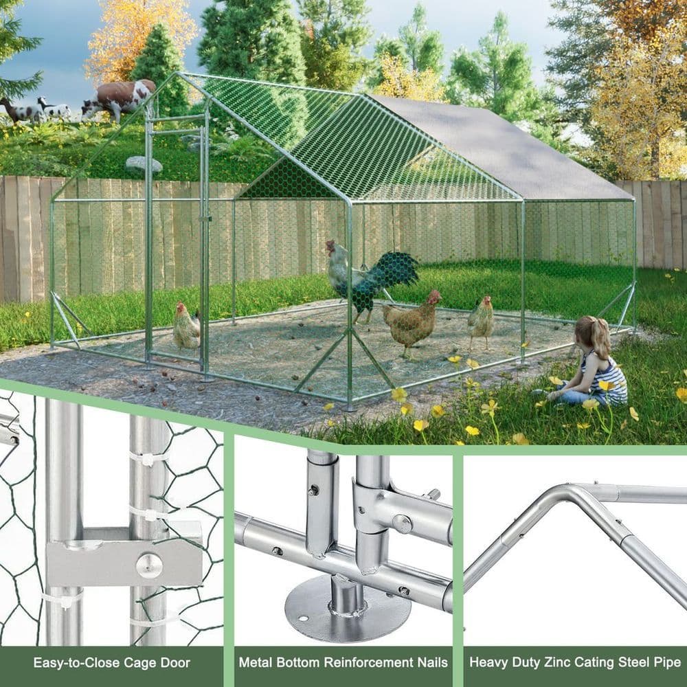 image-10 x 13ft Outdoor Large Metal Chicken Run Coop with 1 piece of Waterproof Cover, Garden Backyard Walk-in Hen Cage Poultry Pet Hutch for Farm Use