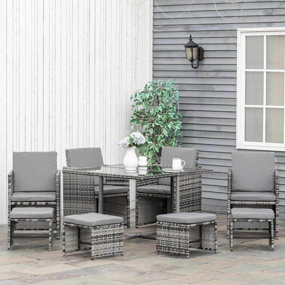 image-9PC Rattan Garden Furniture Outdoor Patio Dining Table Set Wicker 8 Seater Stool